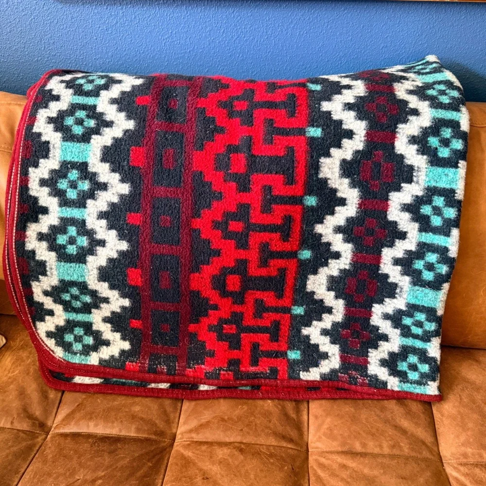 Vintage MCM Geometric Acrylic‎ Blanket Teal Burgundy Reversible 56x76 Soft Mod